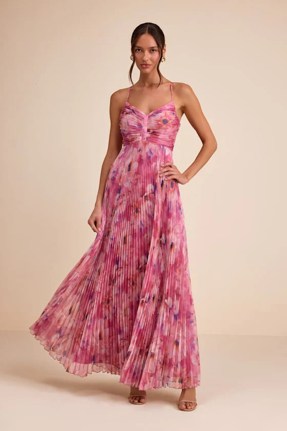 pleated dresses prints elegant Spaghetti Strap V Neck Floral Print Maxi Prom Dress Fo – Koutun Dress Color:Red Striped Blue Sequin Sequered Blue Retro-Inspired Heels The corset