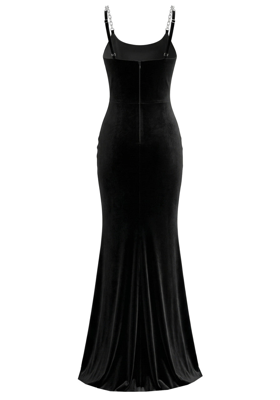 Elegant Spaghetti Strap V Neck Rhinestone Detail Mesh Insert Velvet Mermaid Maxi Prom Dress
