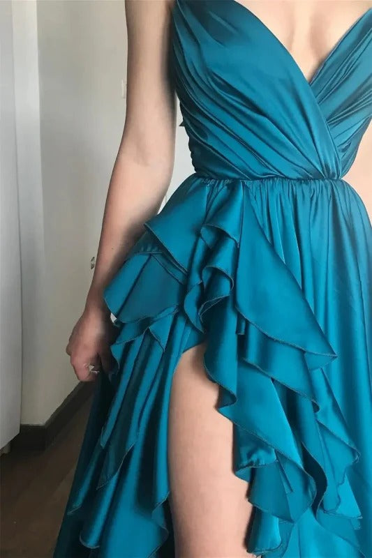 Elegant Spaghetti Strap V Neck Satin Ruffle High Slit Maxi Prom Dress