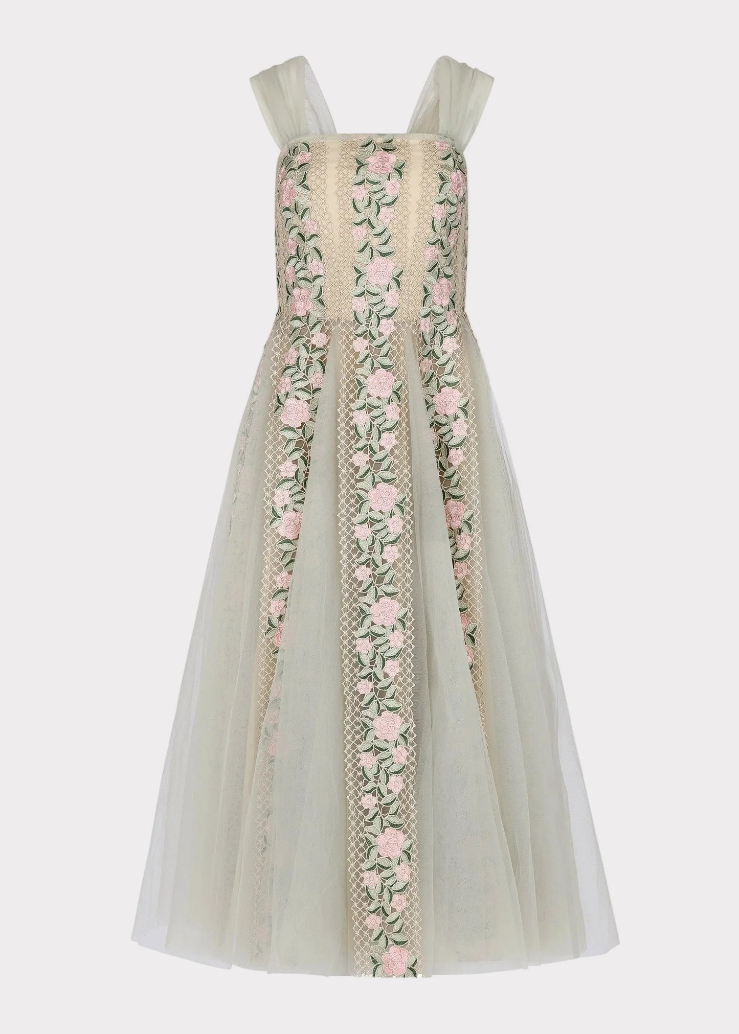Elegant Square Neck Puff Sleeve Bow Detail 3D Floral Embroidery Tulle A Line Midi Evening Dress For Formal Evening Prom Wedding Guest Bridesmaid Cocktail Party Gala
