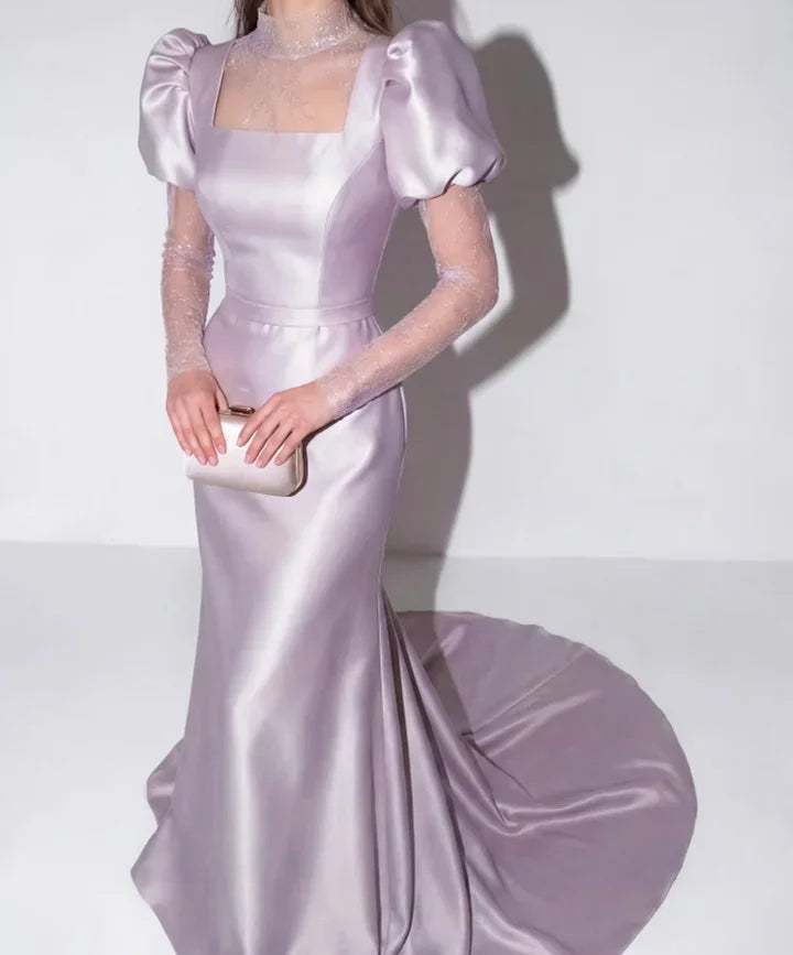 Elegant Square Neck Puff Sleeve Lace Insert Satin Mermaid Maxi Prom Dress with Trailing Train