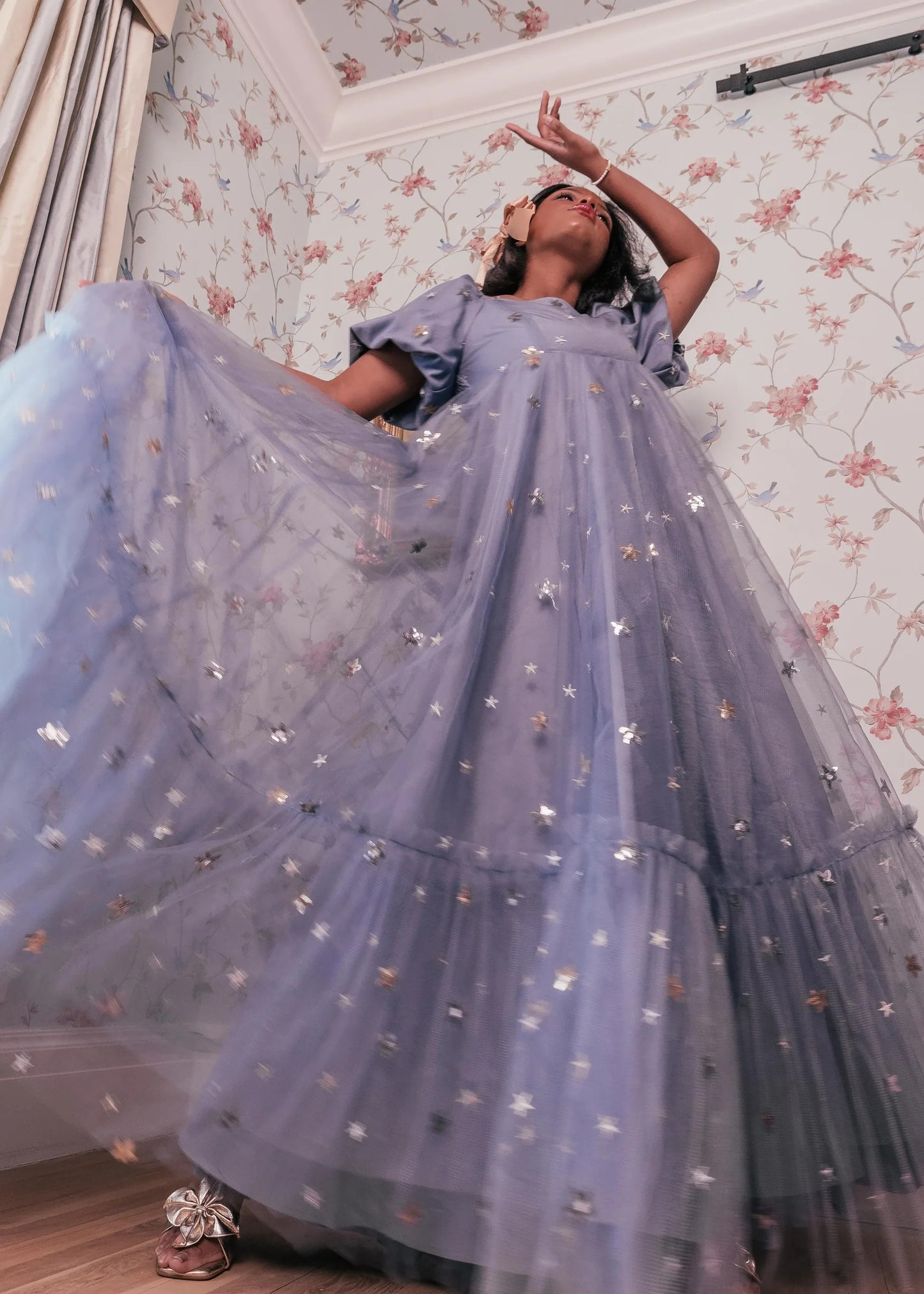 Elegant Square Neck Puff Sleeve Star Embroidery Tulle A Line Tiered Maxi Evening Dress For Formal Evening Prom Wedding Guest Bridesmaid Cocktail Party Gala