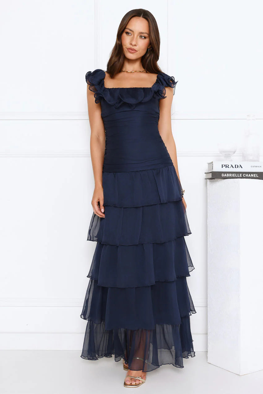 Elegant Square Neck Ruffle Sleeve Open Back Tiered Ruffle Chiffon Maxi Evening Dress For Formal Evening Prom Wedding Guest Bridesmaid Cocktail Party Gala