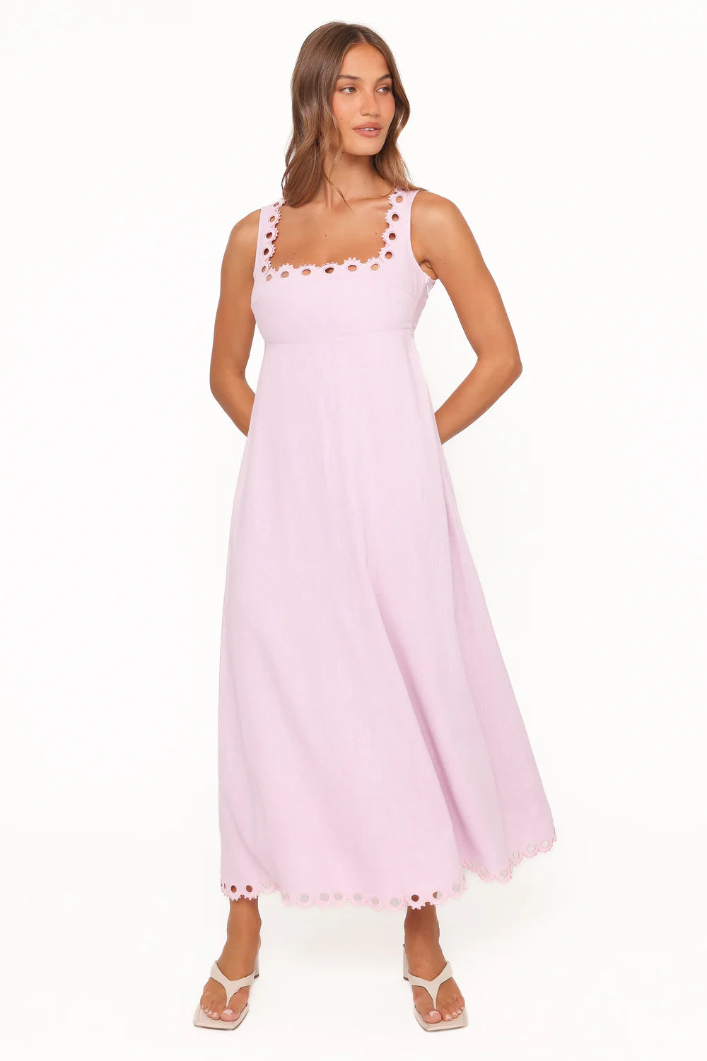 Elegant Square Neck Sleeveless Eyelet Trim Linen Blend Maxi Prom Dress For Formal Evening Wedding Guest Bridesmaid Cocktail Party