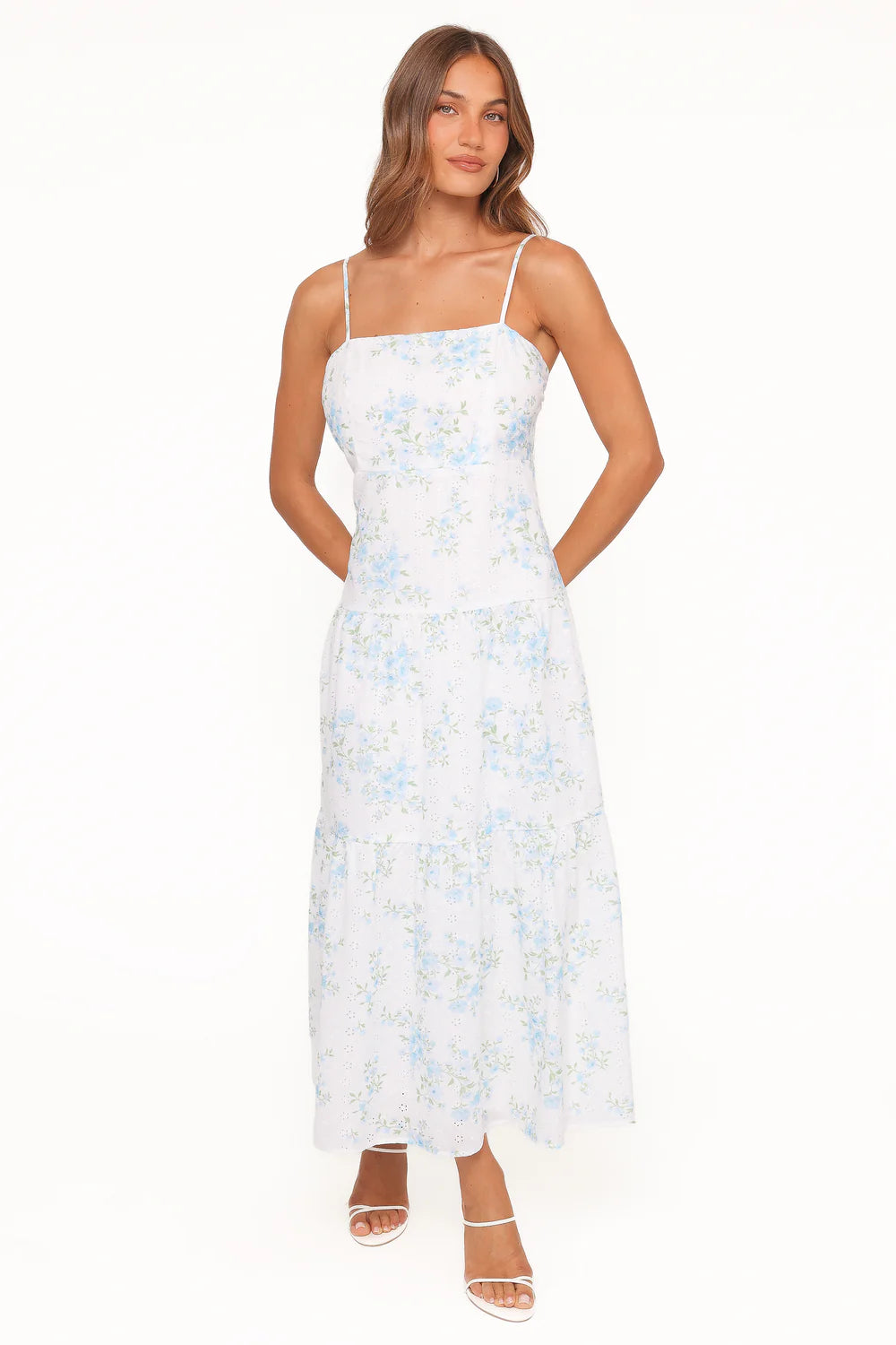 Elegant Square Neck Spaghetti Strap Floral Print Eyelet Tiered Ruffle Maxi Prom Dress For Formal Evening Wedding Guest Bridesmaid Cocktail Party