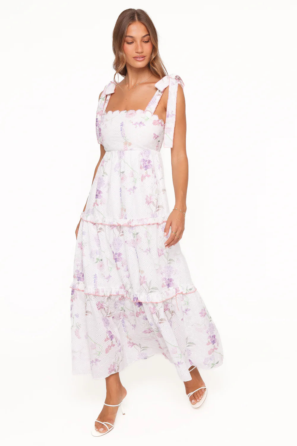 Elegant Square Neck Tie Strap Floral Print Eyelet Tiered Ruffle Maxi Prom Dress For Formal Evening Wedding Guest Bridesmaid Cocktail Party