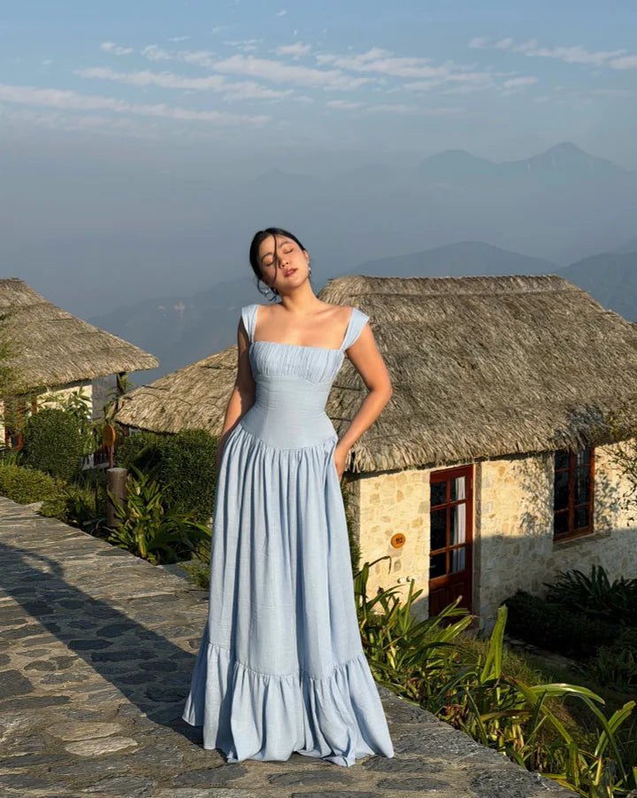 Elegant Square Neck Wide Strap Ruched Bodice Tiered A Line Maxi Prom Dress For Formal Evening Wedding Guest
