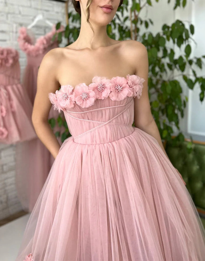 Elegant Strapless 3D Floral Applique Tulle A Line Midi Prom Dress For Formal Evening Gala Wedding Guest Bridesmaid