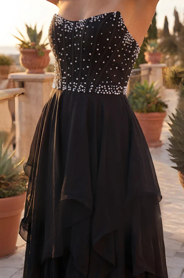 Elegant Strapless Beaded Bodice Ruffle Chiffon A Line Maxi Prom Dress For Formal Evening Gala Wedding
