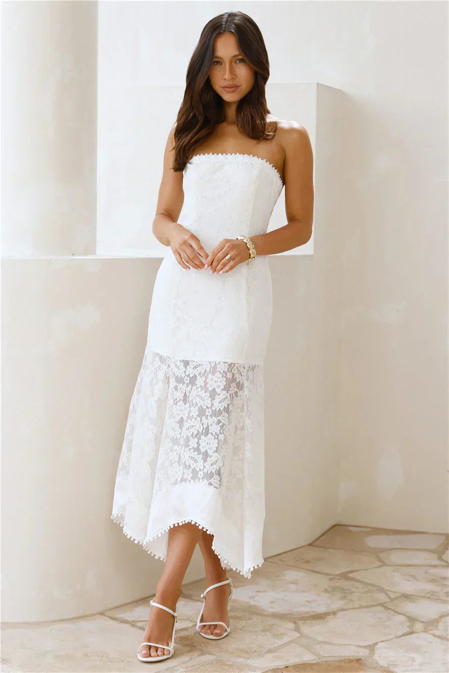 Elegant Strapless Floral Lace Asymmetrical Hem Midi Prom Dress For Formal Evening Wedding Guest Bridesmaid Cocktail Party