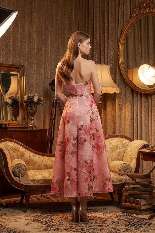 Elegant Strapless Floral Print Ruched Bodice A Line Midi Prom Dress For Formal Evening Wedding Guest
