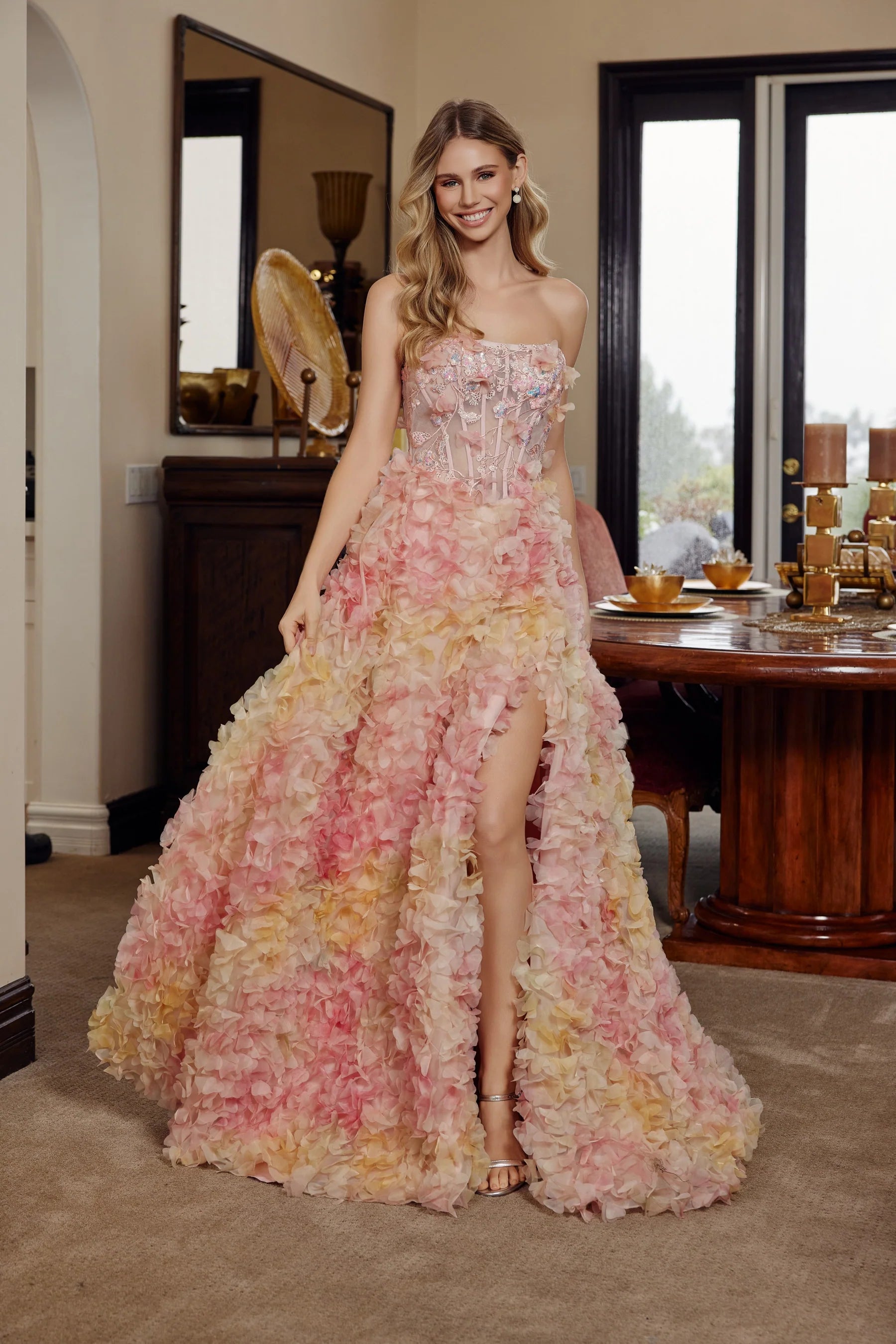 Elegant Strapless Lace Up Back 3D Floral Applique Beaded Corset High S – Koutun Dress