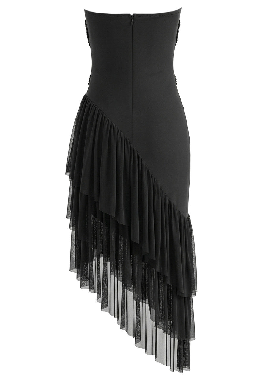 Elegant Strapless Rhinestone Embellished Asymmetrical Ruffle Tulle Midi Prom Dress