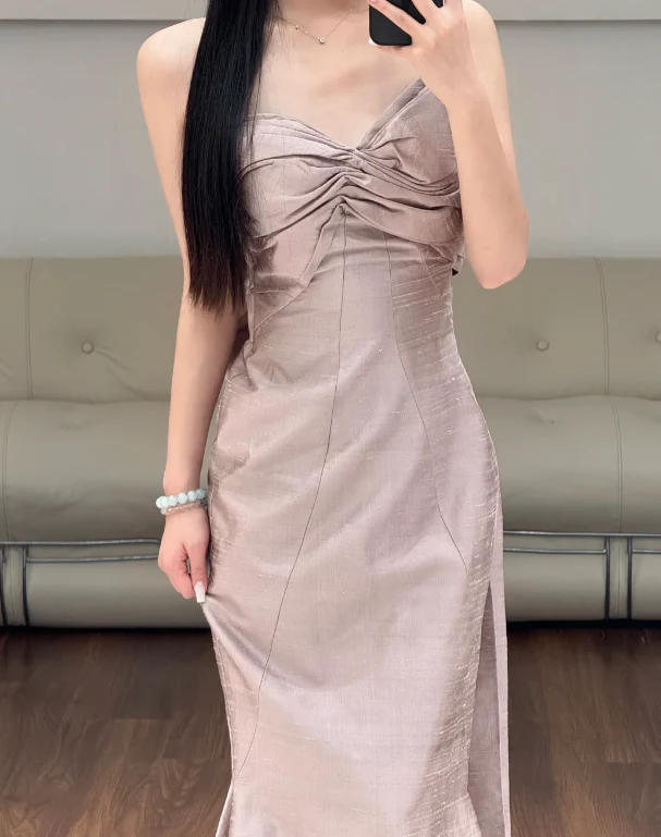 Elegant Strapless Ruched Satin Mermaid High Slit Prom Dress with Train