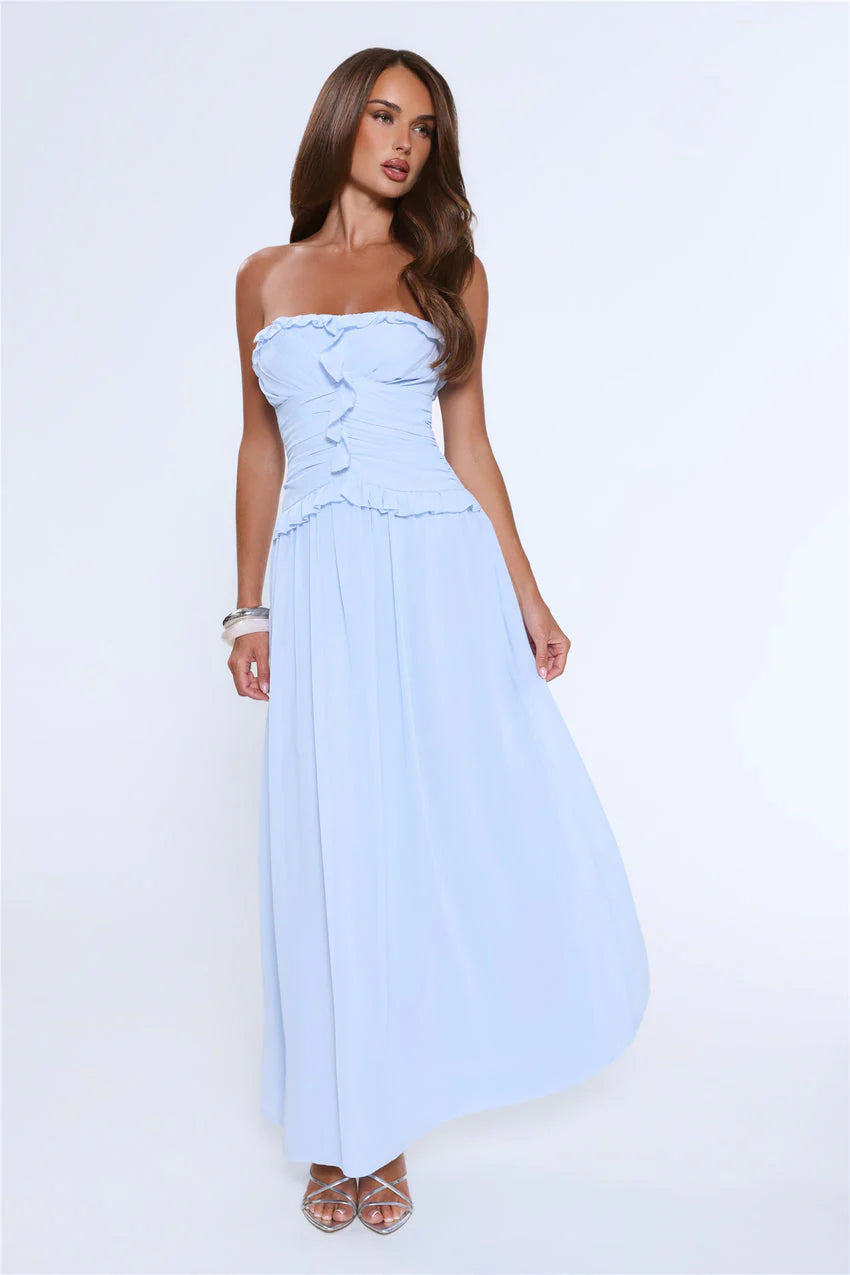 Elegant Strapless Ruffle Trim Smocked Back Ruched Bodice A Line Maxi Evening Dress For Formal Evening Prom Wedding Guest Bridesmaid Beach Wedding Cocktail Party Gala