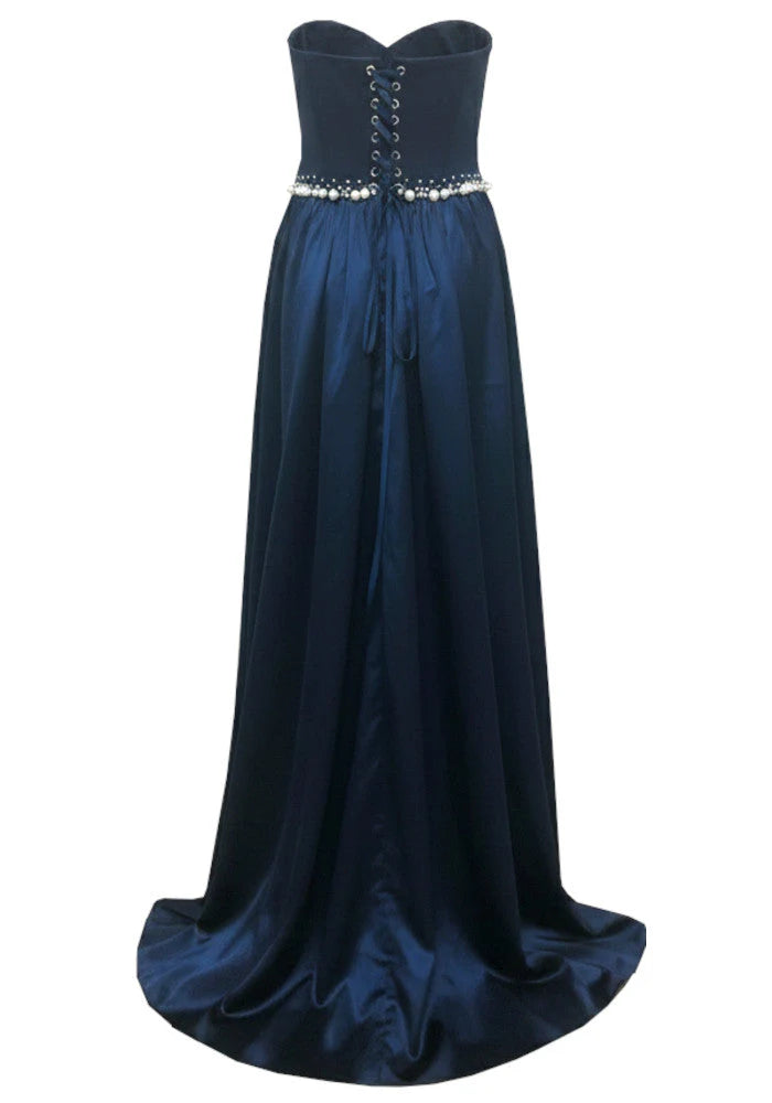 Elegant Strapless Satin Pearl Embellished Lace Up Back A Line Maxi Prom Dress For Formal Evening Wedding Guest