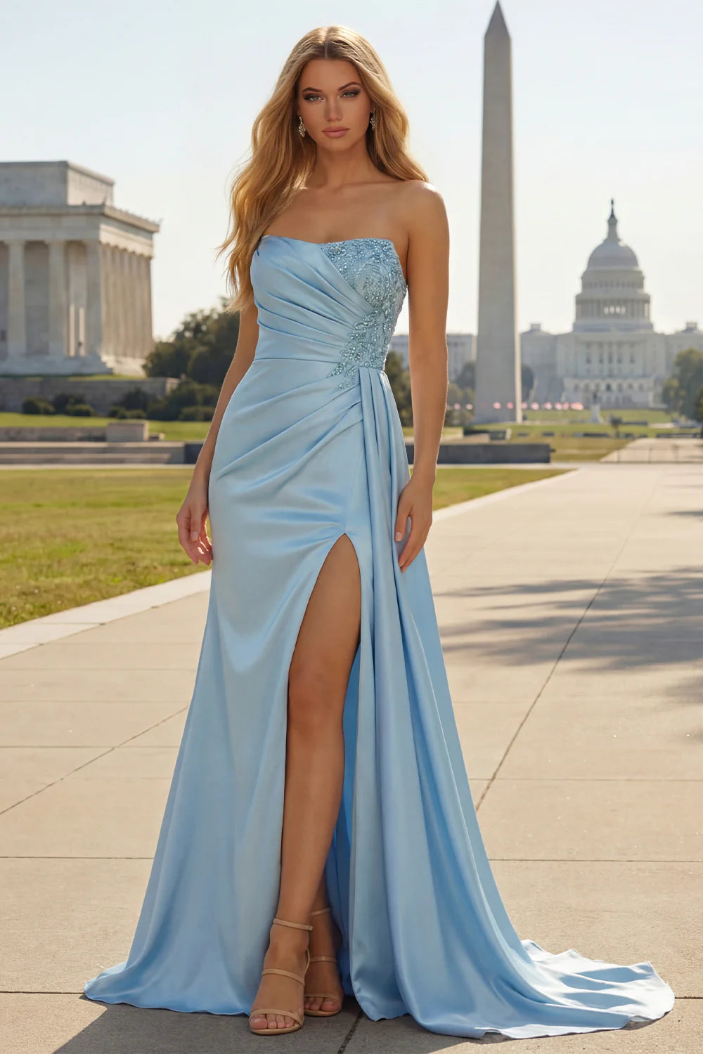 Elegant Strapless Sky Blue Satin Gown with Beaded Embellished Bodice R