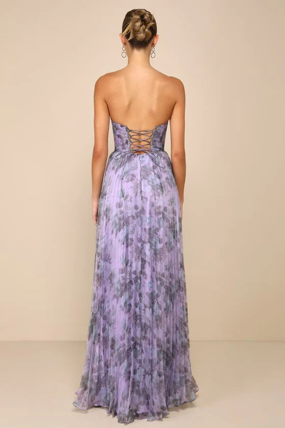Elegant Strapless Sweetheart Neck Floral Print Pleated Lace Up Back Maxi Prom Dress For Formal Evening Gala Wedding Guest Bridesmaid
