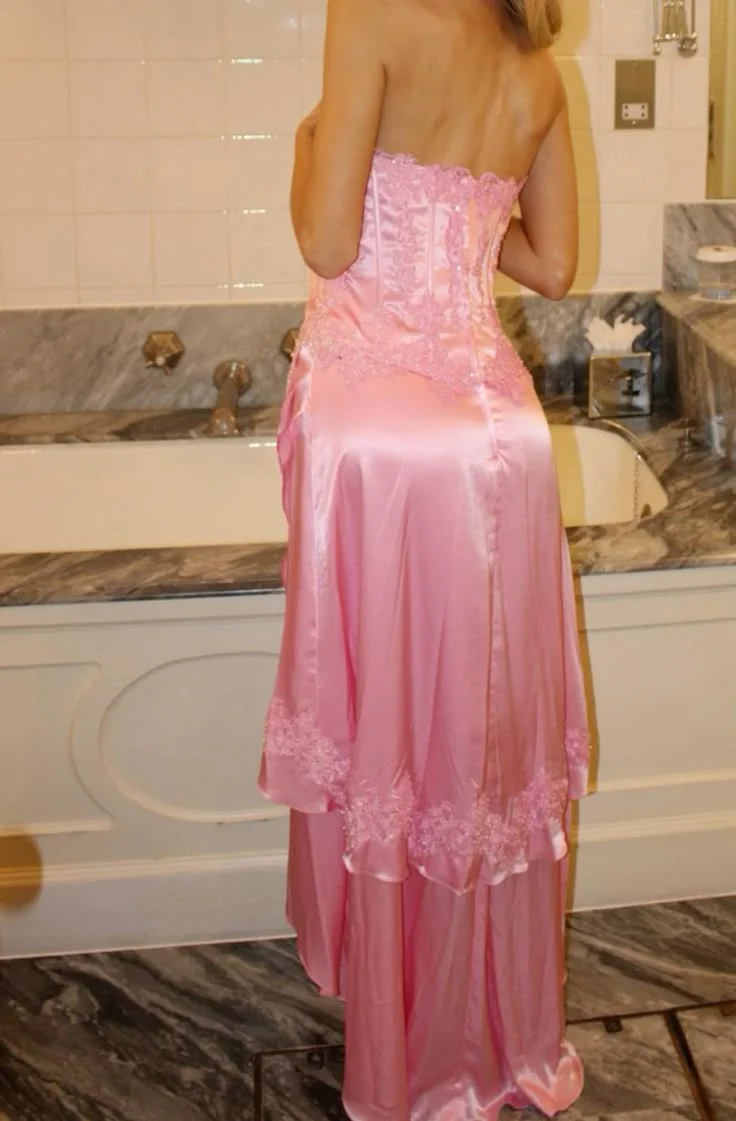 Elegant Strapless Sweetheart Neck Lace Trim Satin Tiered Evening Dress