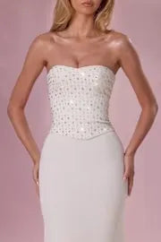 Elegant Strapless Sweetheart Neck Open Back Lace Up Detail Beaded Sequin Mermaid Maxi Evening Dress For Formal Evening Prom Wedding Guest Bridesmaid Cocktail Party Gala