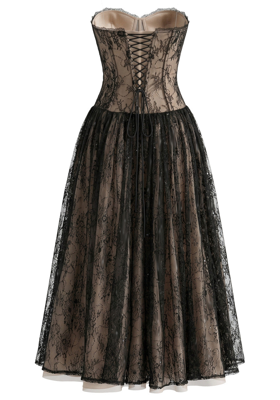 Elegant Strapless Sweetheart Neck Open Back Lace Up Detail Black Lace 3D Floral Applique A Line Maxi Prom Dress