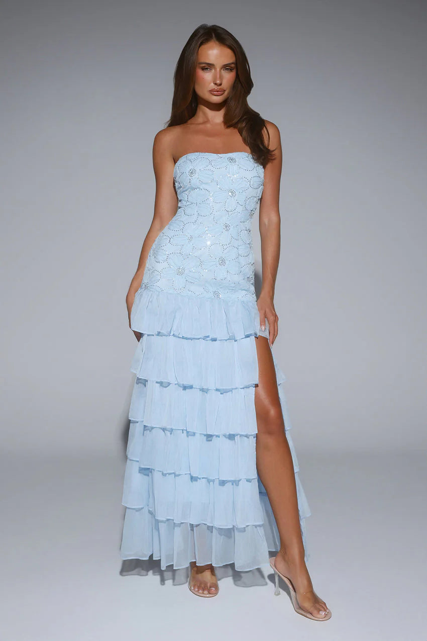 Elegant Strapless Sweetheart Neckline 3D Floral Sequin Embellished Tiered Ruffle Chiffon Mermaid Evening Dress For Formal Evening Prom Wedding Guest Bridesmaid Gala