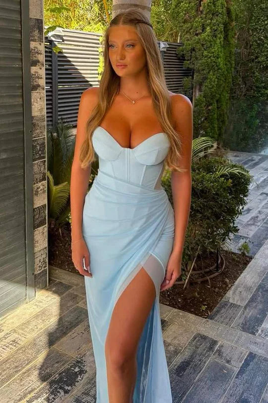 Elegant Strapless Sweetheart Neckline Corset Bodice Ruched Waist Sheer Mesh Panel High Slit Maxi Evening Dress For Formal Evening Prom Wedding Guest Bridesmaid Gala Cocktail Party