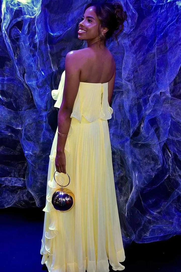 Elegant Strapless Sweetheart Neckline Pleated Bodice Cascading Ruffle Detail A Line Maxi Chiffon Evening Dress For Formal Evening Prom Wedding Guest Bridesmaid Cocktail Party Gala
