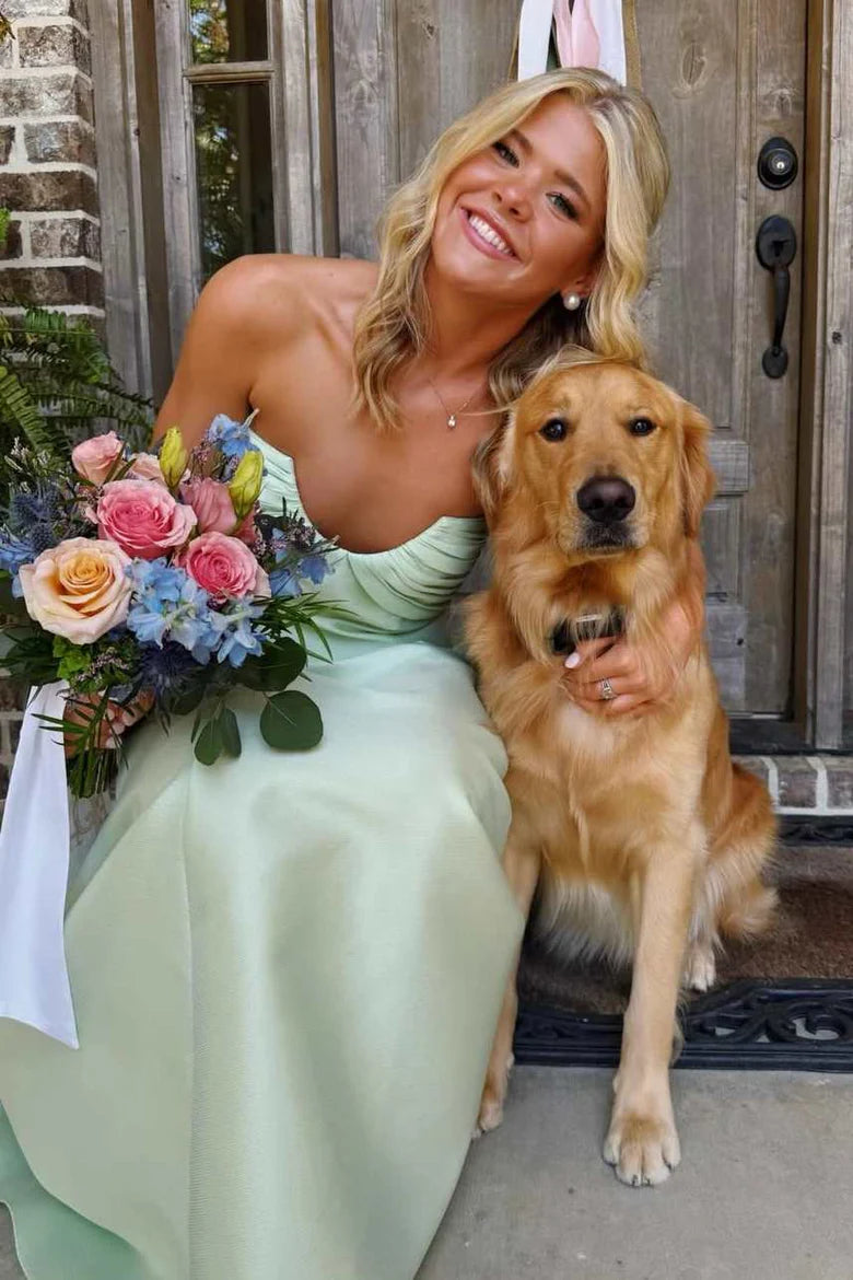 Elegant Strapless Sweetheart Neckline Ruched Bodice A Line Satin Evening Dress For Prom Wedding Guest Bridesmaid Formal Event