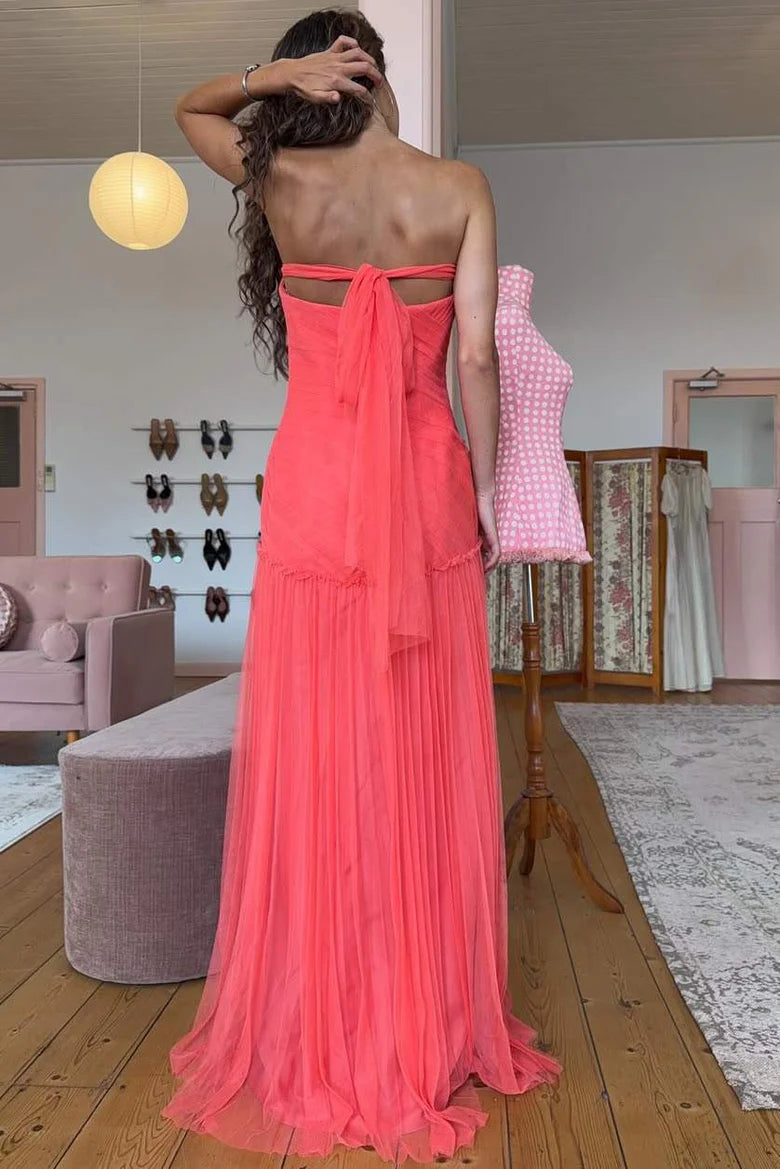 Elegant Strapless Sweetheart Neckline Ruched Bodice Open Back Tie Detail Pleated Tulle A Line Maxi Evening Dress For Formal Evening Prom Wedding Guest Bridesmaid Cocktail Party Gala