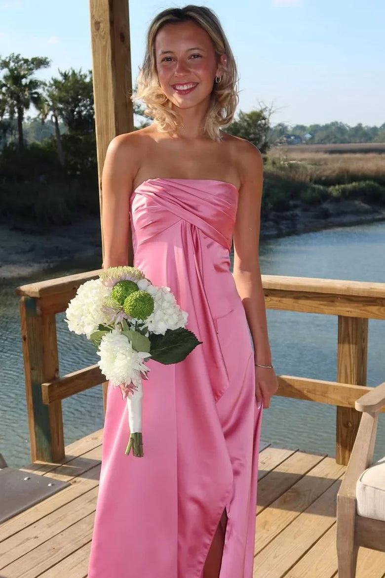 Elegant Strapless Sweetheart Neckline Ruched Draped Bodice High Slit Satin A Line Evening Dress For Formal Evening Wedding Guest Bridesmaid Prom Beach Wedding