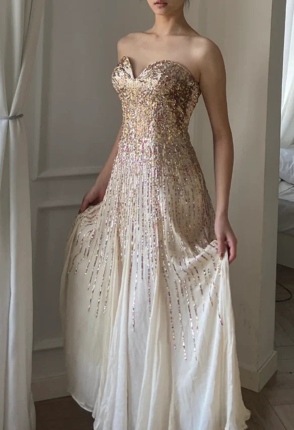 Elegant Strapless Sweetheart Prom Dress With Gold Sequin Ombre And Chiffon A Line Skirt For Formal Evening Party