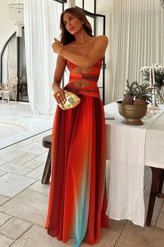 Elegant Strapless Twisted Cutout Ombre Chiffon A Line Maxi Prom Dress For Wedding Guest Bridal Shower Formal Evening