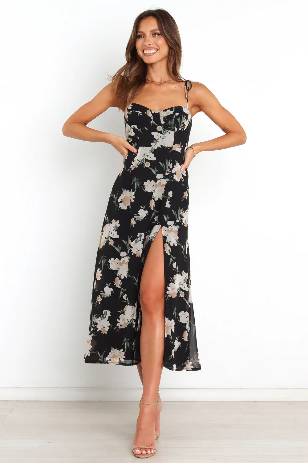 Elegant Sweetheart Neck Tie Strap Floral Print Chiffon Midi Prom Dress With Slit For Formal Evening Wedding Guest Bridesmaid Cocktail Party