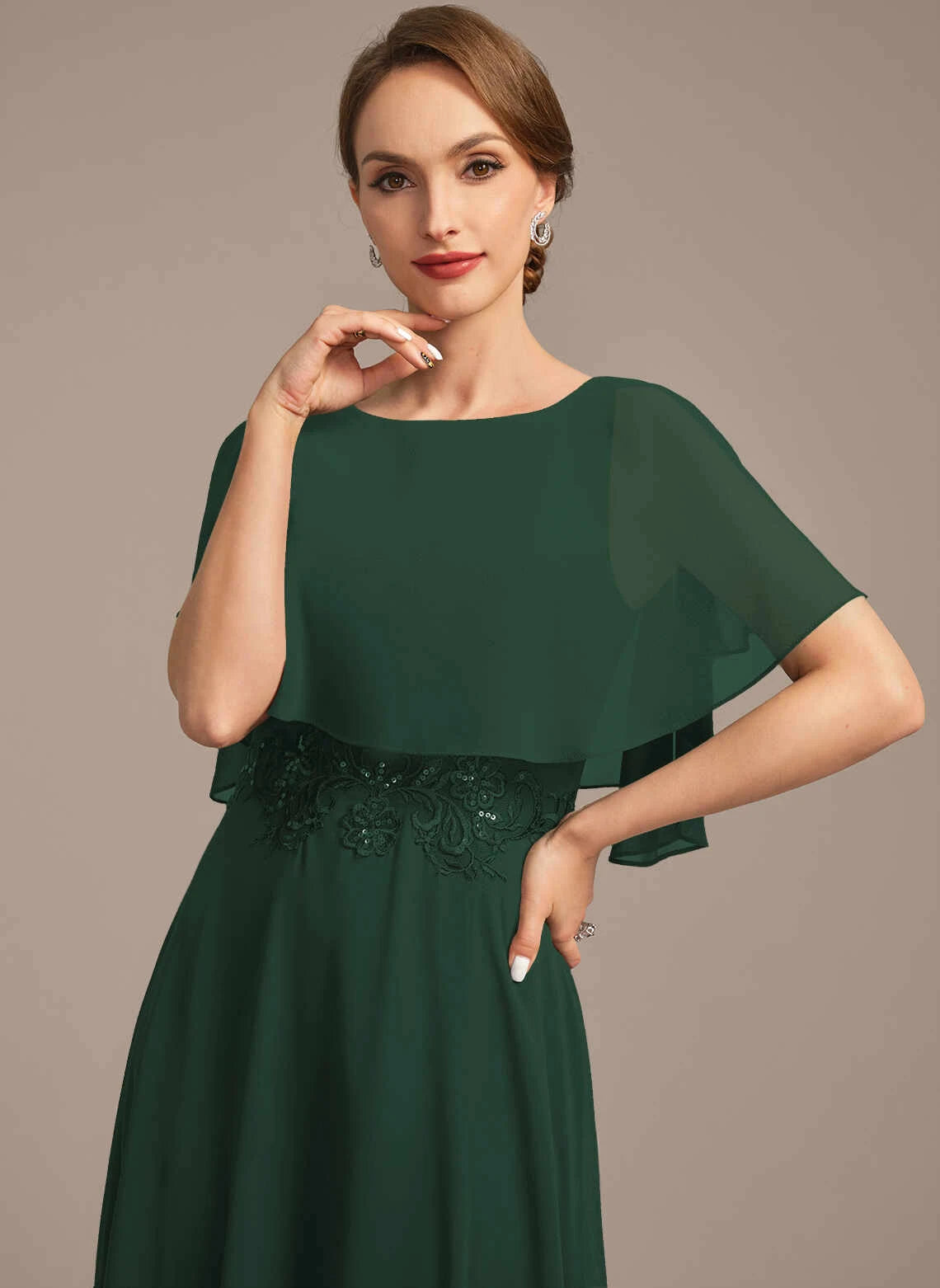 Elegant A-Line Boat Neck Cape Sleeve Sequin Dark Green Mother Of The Bride Dress