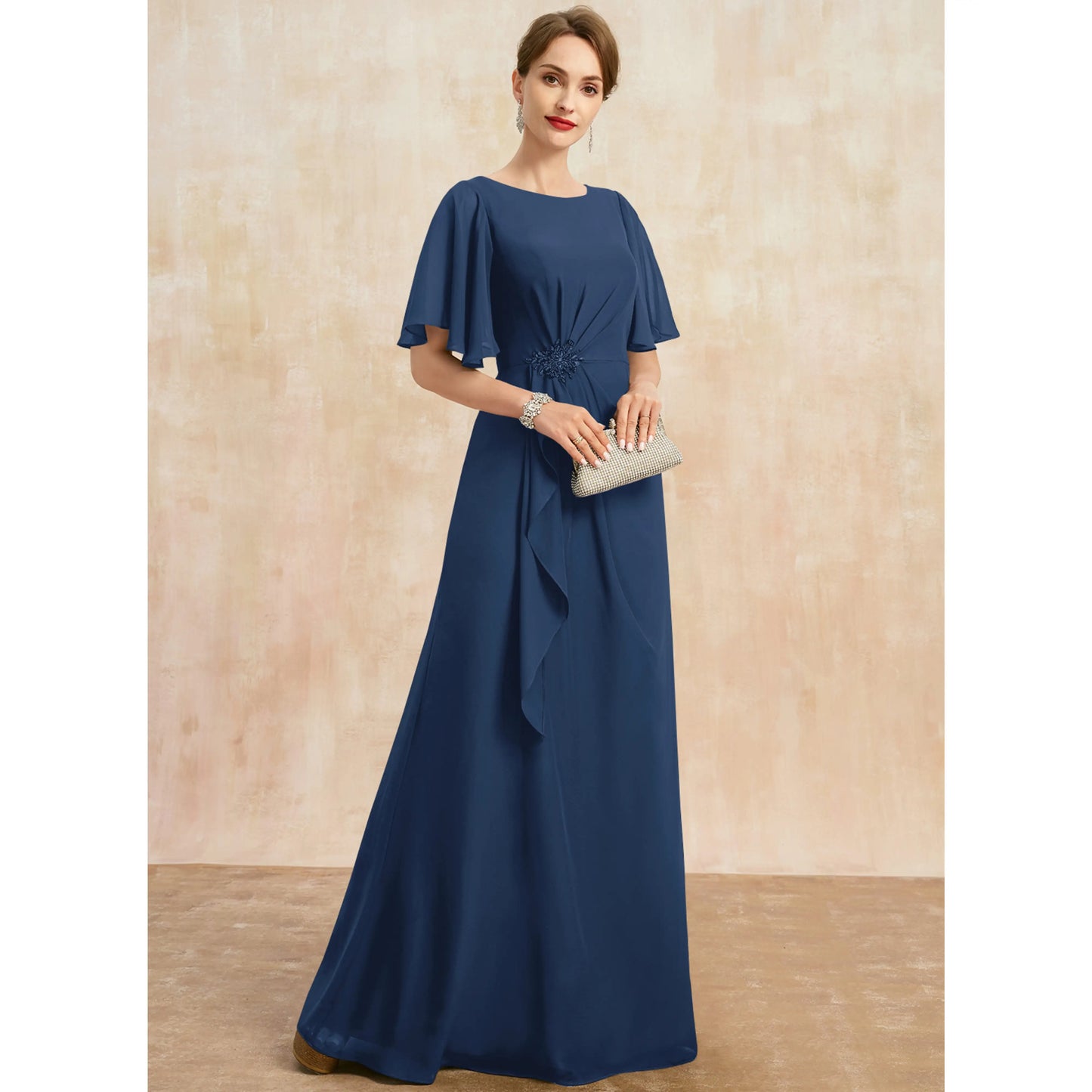 Elegant A-Line Boat Neck Flutter Sleeve Ruched Navy Blue Mother of the Bride Gown