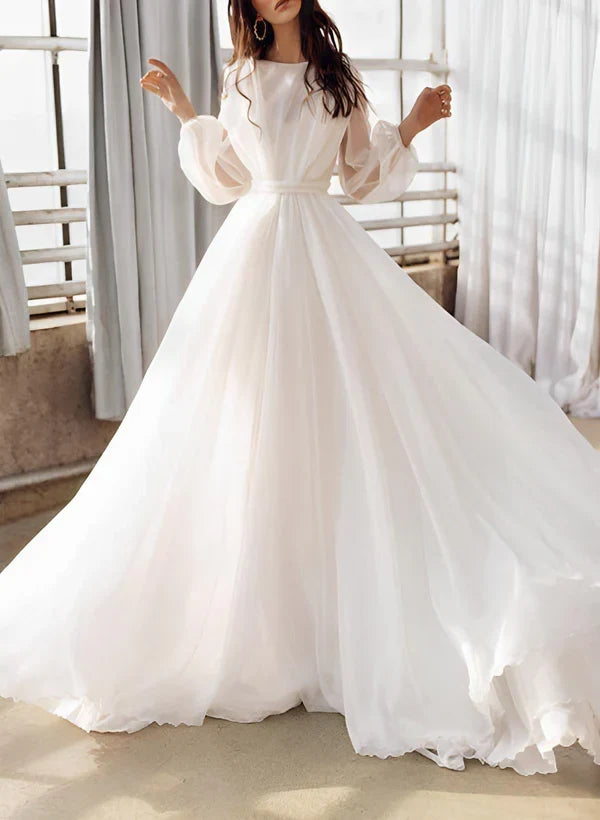 Elegant A-Line Boat Neck Long Sleeve Backless Ivory Floor Length Wedding Gown