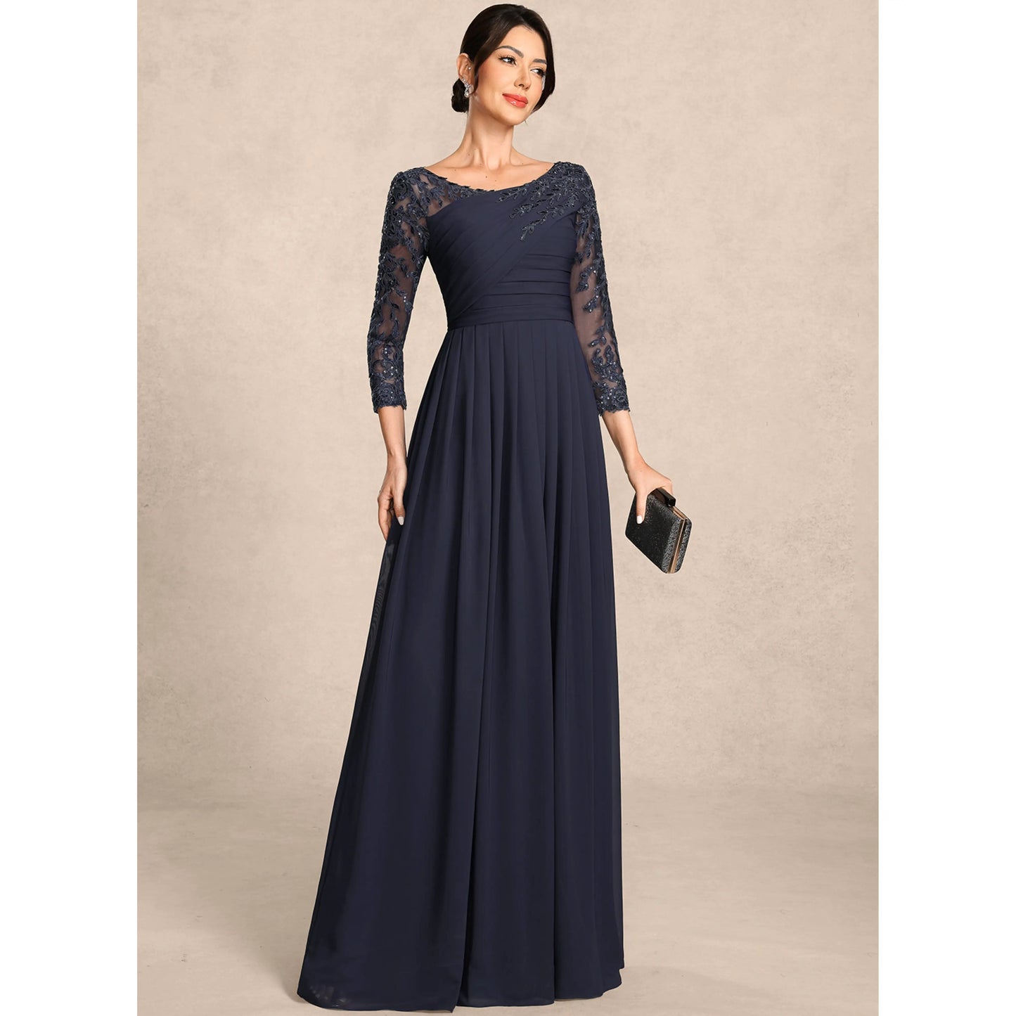 Elegant A-Line Boat Neck Long Sleeve Beaded Navy Mother of the Bride Gown