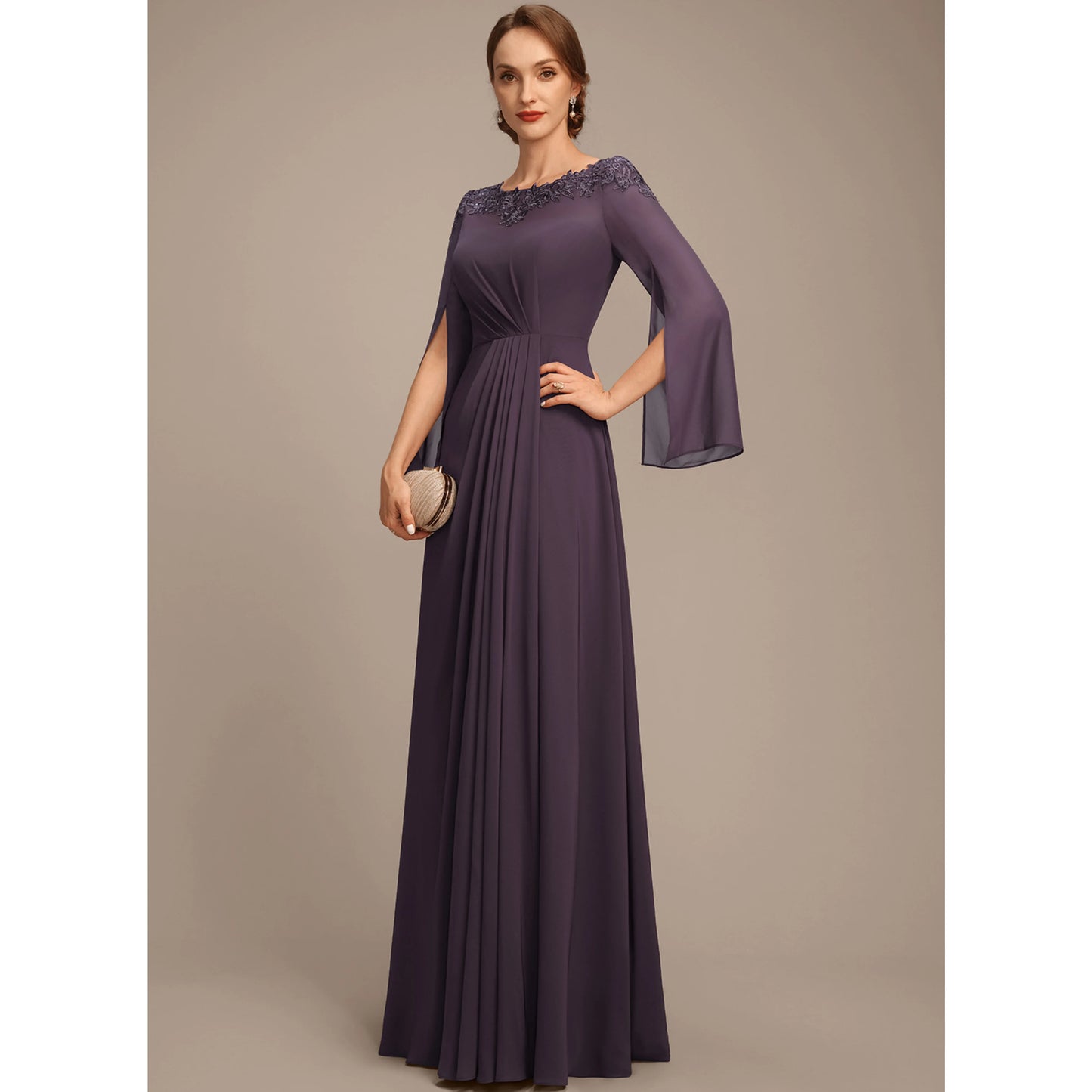 Elegant A-Line Boat Neck Long Sleeve Beaded Plum Mother of the Bride Gown