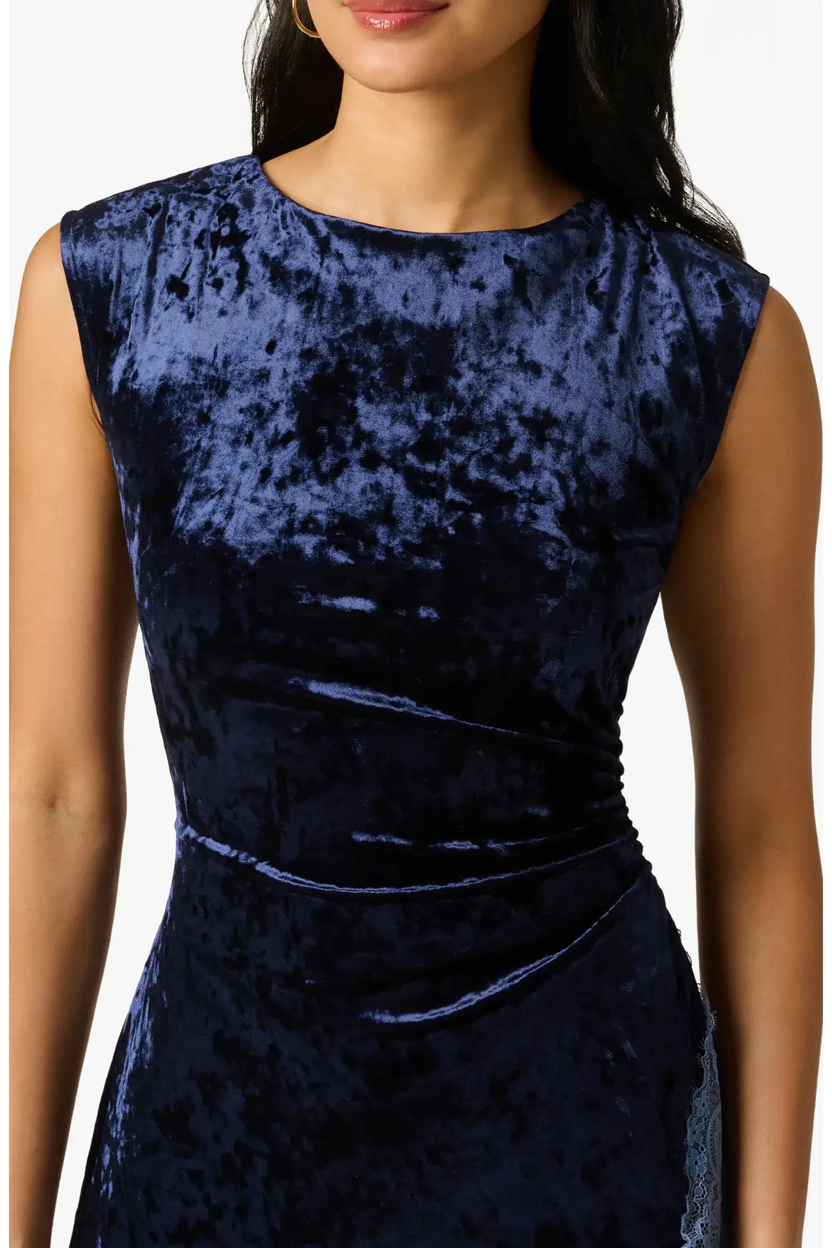 Elegant A-Line Boat Neck Sleeveless Crushed Velvet Asymmetrical Navy Blue Midi Evening Dress