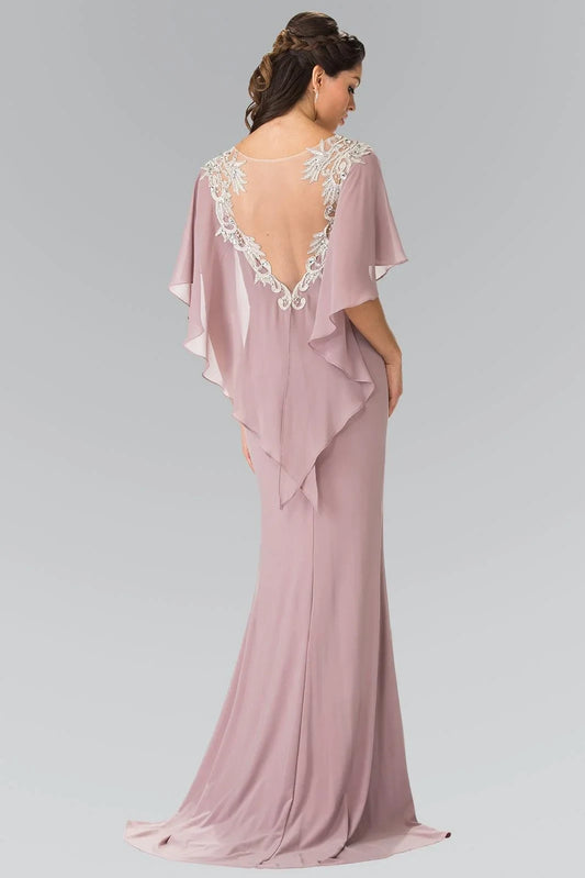 Elegant A-Line Cape Sleeve Embellished Dusty Rose Floor-Length Mother of the Bride Gown