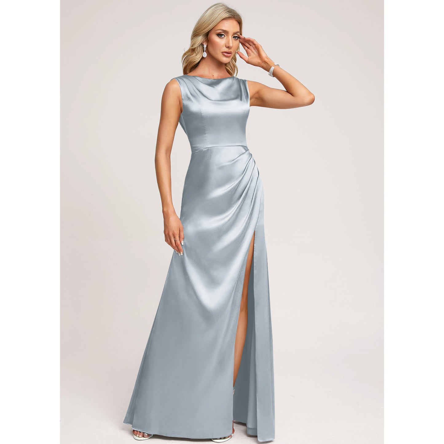 Elegant A-Line Cowl Neck Sleeveless Draped Slit Dusty Blue Floor-Length Prom Dresses