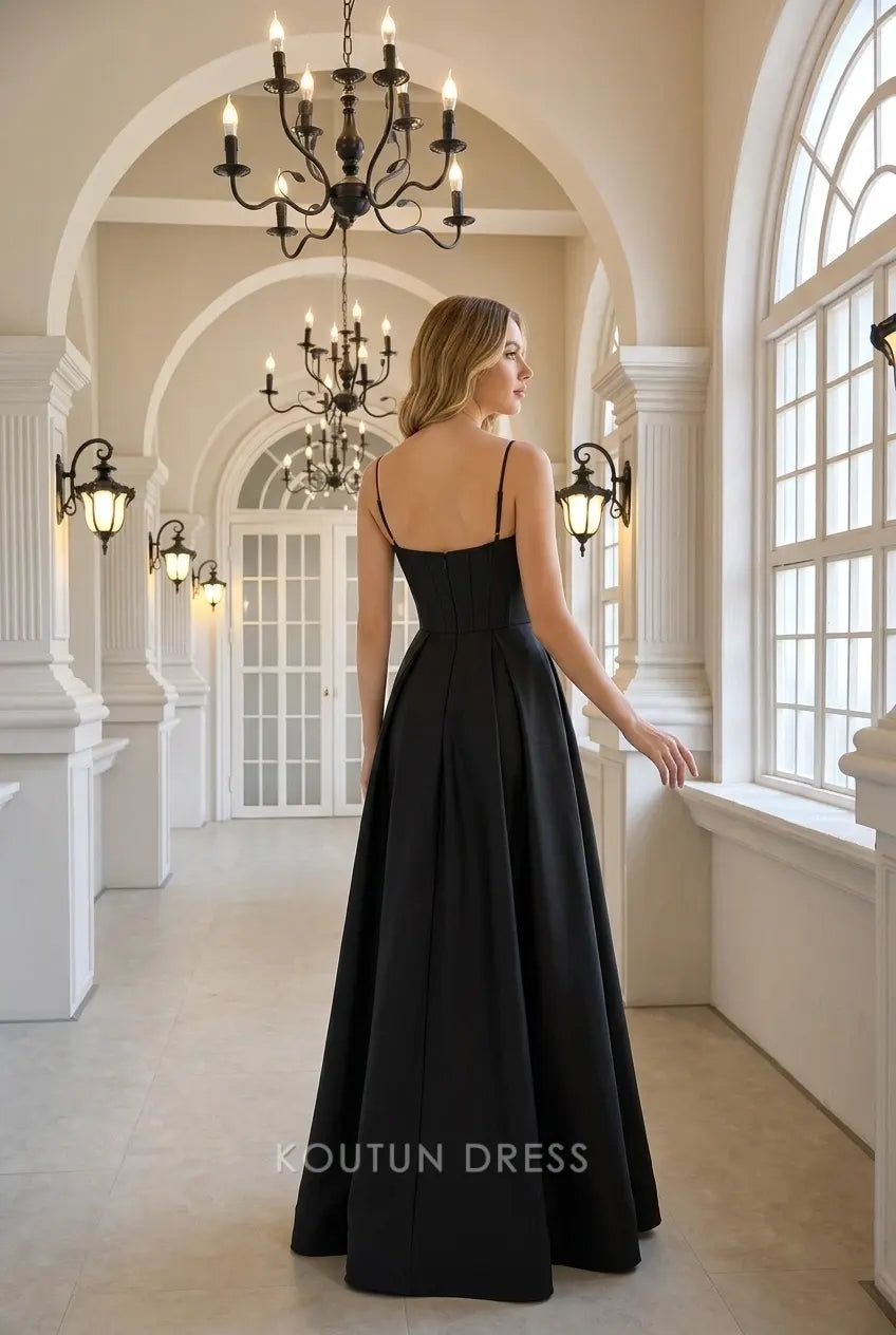 Elegant A-Line Cowl Neck Sleeveless Slit Black Floor Length Prom Dresses Gown