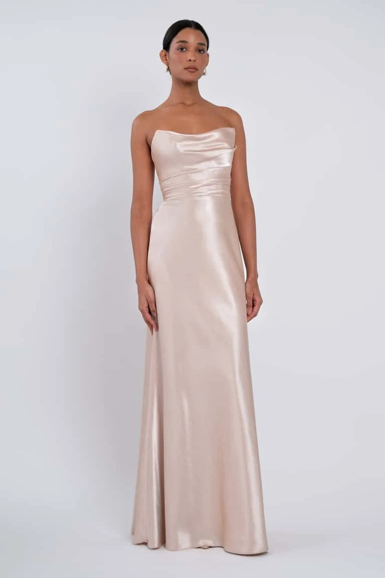 Elegant A-Line Cowl Neck Strapless Draped Champagne Floor-Length Bridesmaid Gown