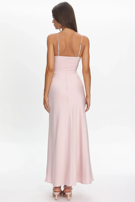 Elegant A-Line Deep V-Neck Sleeveless Bow-Tie Blush Pink Floor-Length Prom Dress