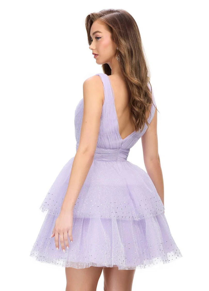 Elegant A-Line Deep V-Neck Sleeveless Glittery Lilac Short Homecoming Dress