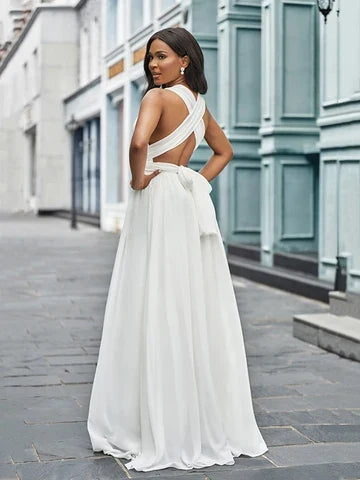 Elegant A-Line Deep V-Neck Sleeveless Open Back White Floor-Length Wedding Dresses Gown