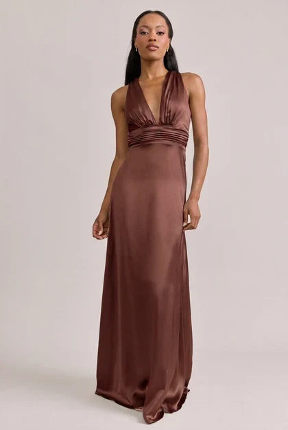 Elegant A-Line Deep V-Neck Sleeveless Ruched Backless Mahogany Floor-Length Bridesmaid Gown