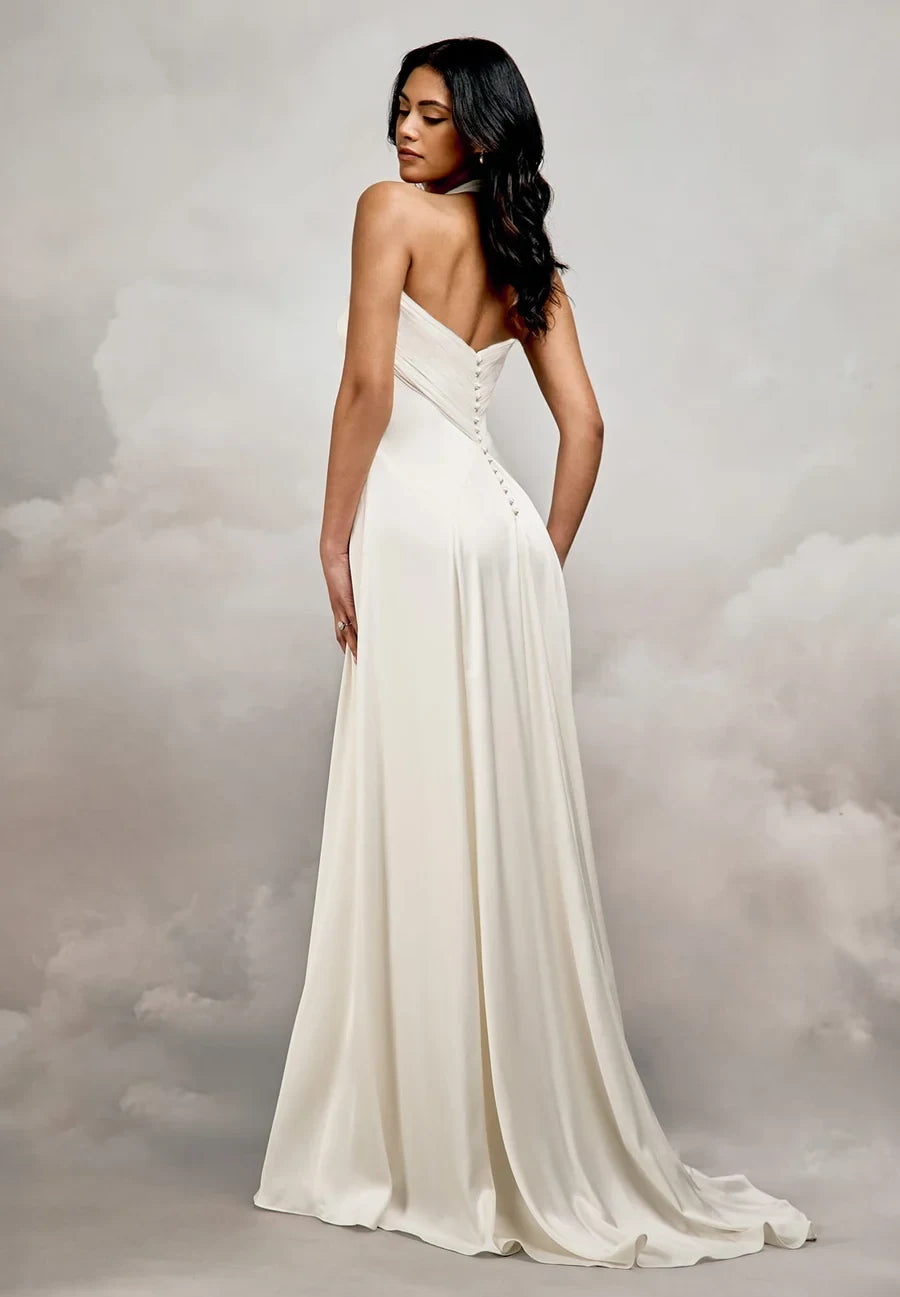 Elegant A-Line Halter Neck Sleeveless Criss-Cross Ivory Floor-Length Wedding Gown