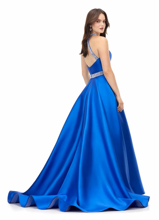 Elegant A-Line Halter Sleeveless Embellished Chic Royal Blue Floor-Length Evening Dress